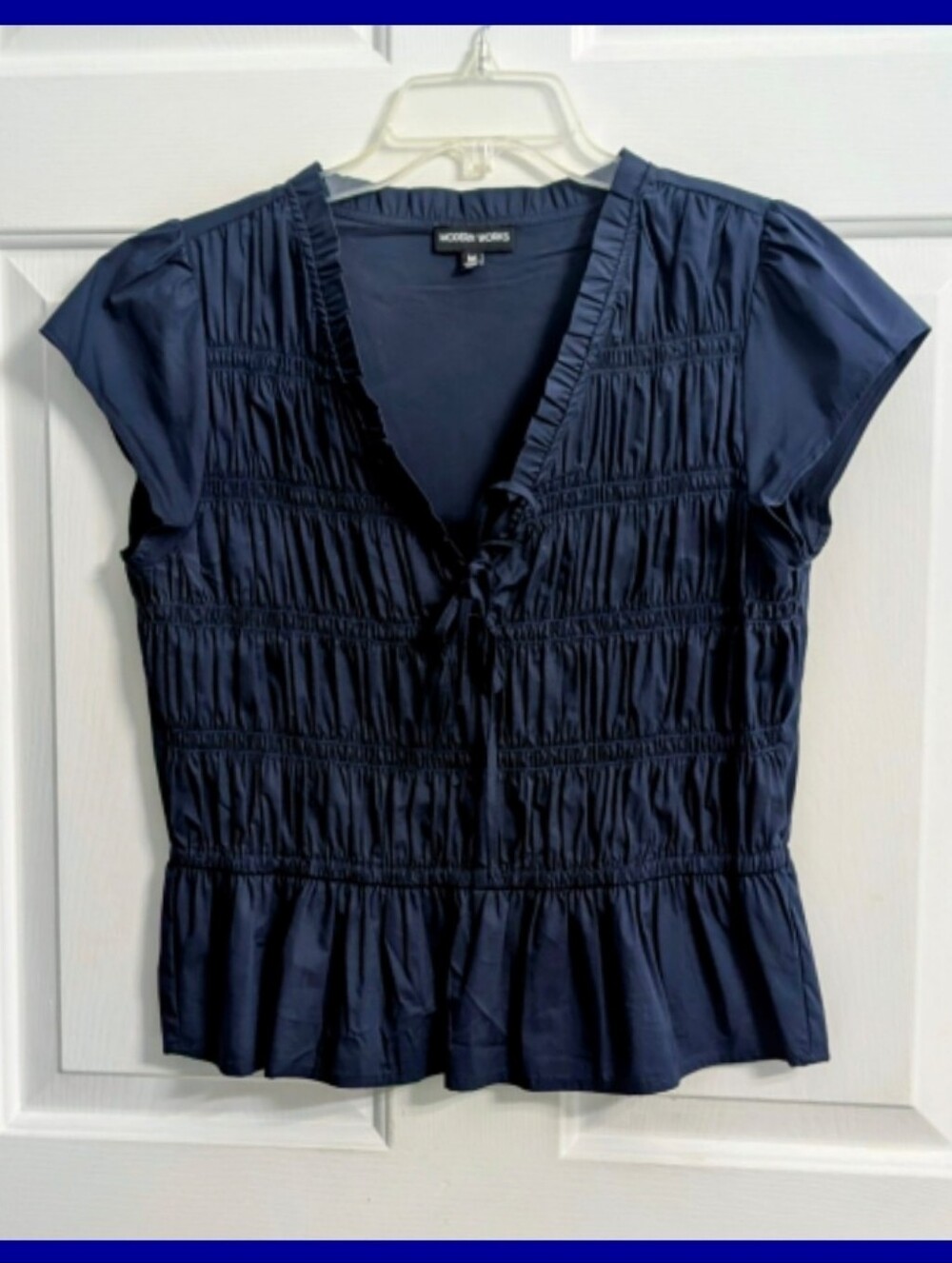 Fall Transition Blouse Navy Blue Short Sleeve Ruffled Peplum Top By Modern Works